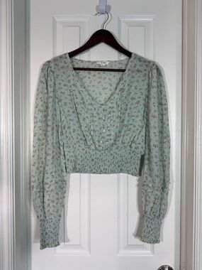 E & M Floral Smocked Waist Cropped Blouse Mint Green Size L